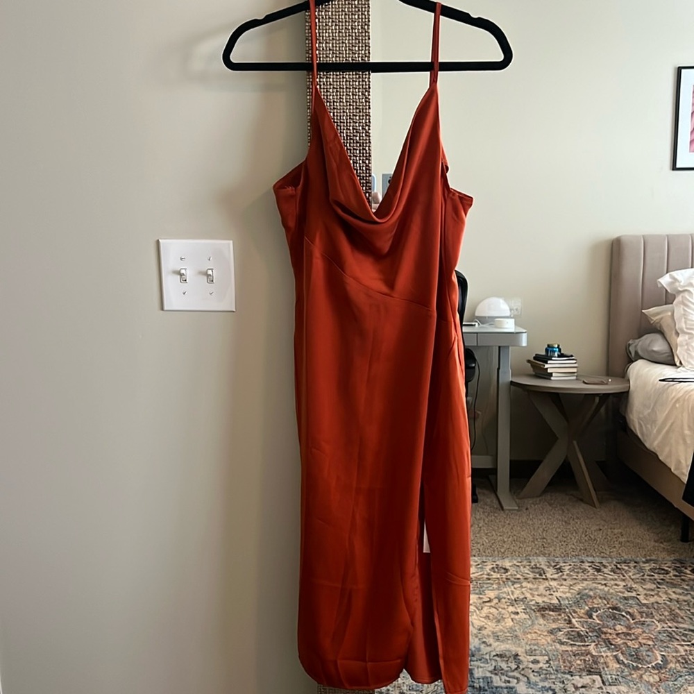 Cowl neck copper midi dress size small